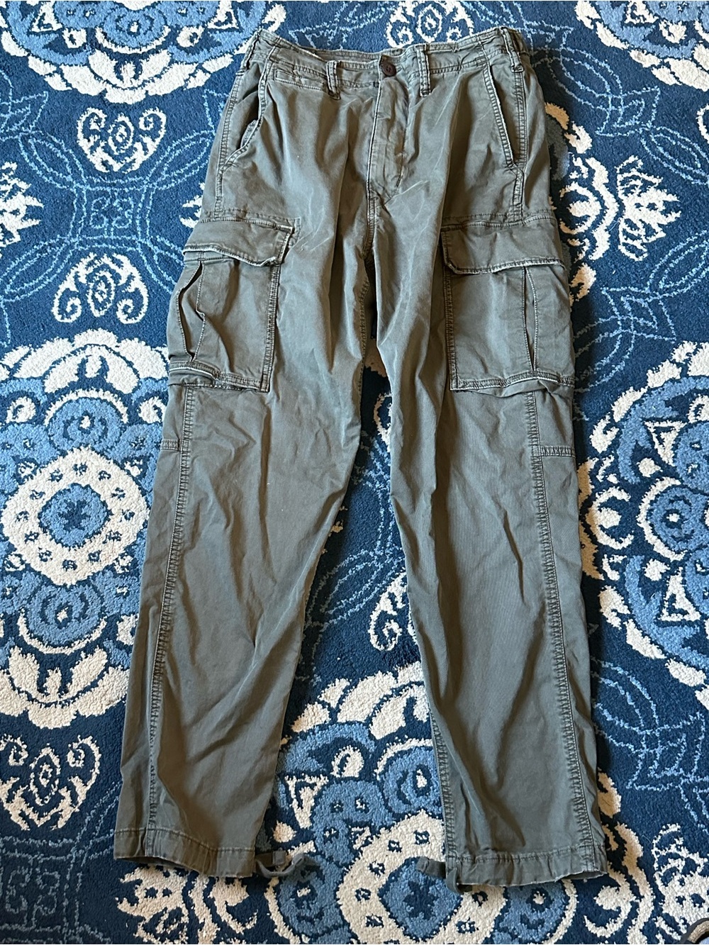 Men's Olive Green Cargo Pants -  American Eagle
Size US 28x32
Adjustable waist